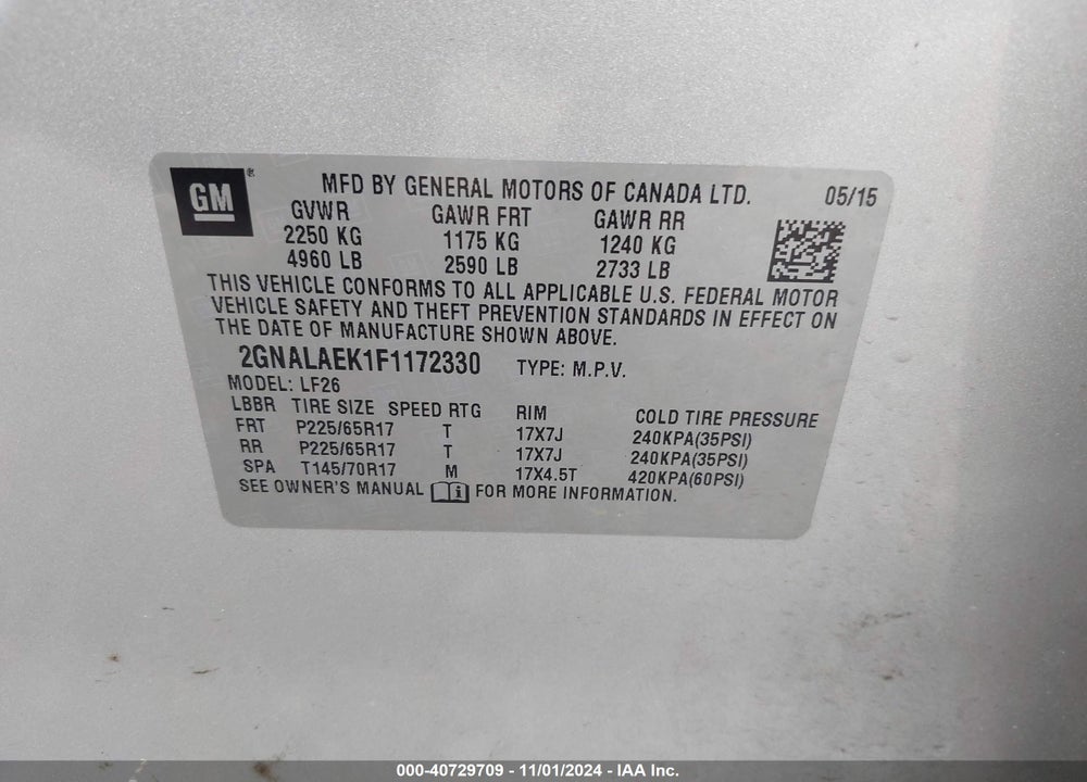2015 CHEVROLET EQUINOX LS VIN: 2GNALAEK1F1172330
