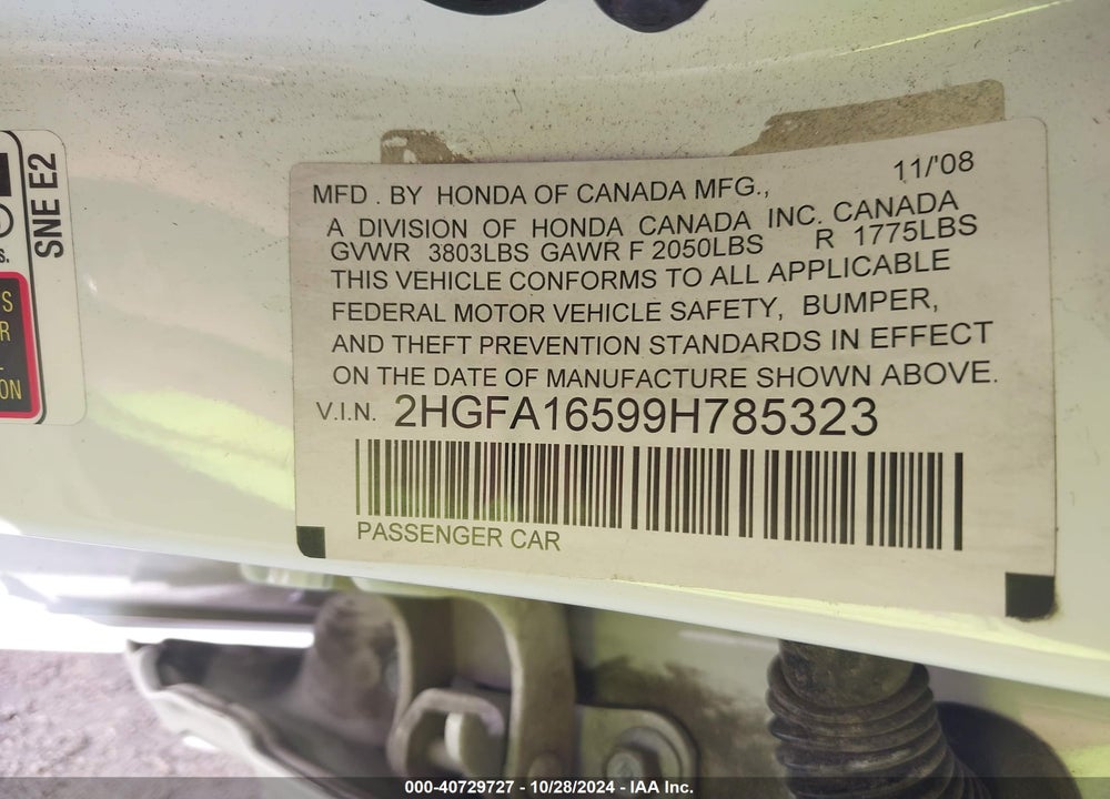 2009 HONDA CIVIC LX VIN: 2HGFA16599H785323
