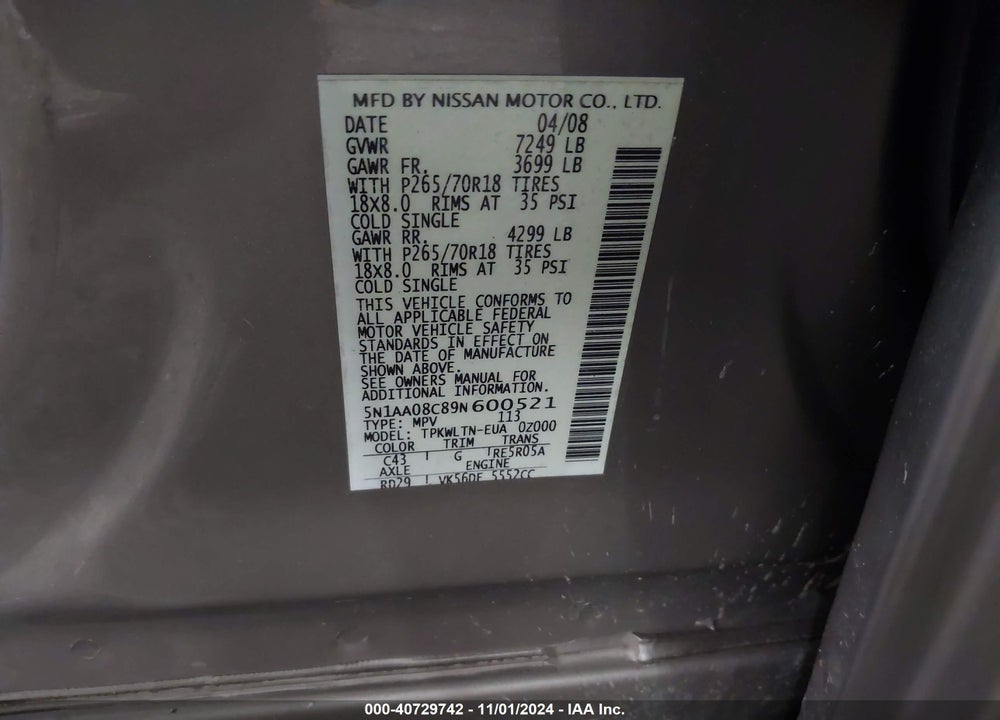 2009 NISSAN ARMADA SE VIN: 5N1AA08C89N600521