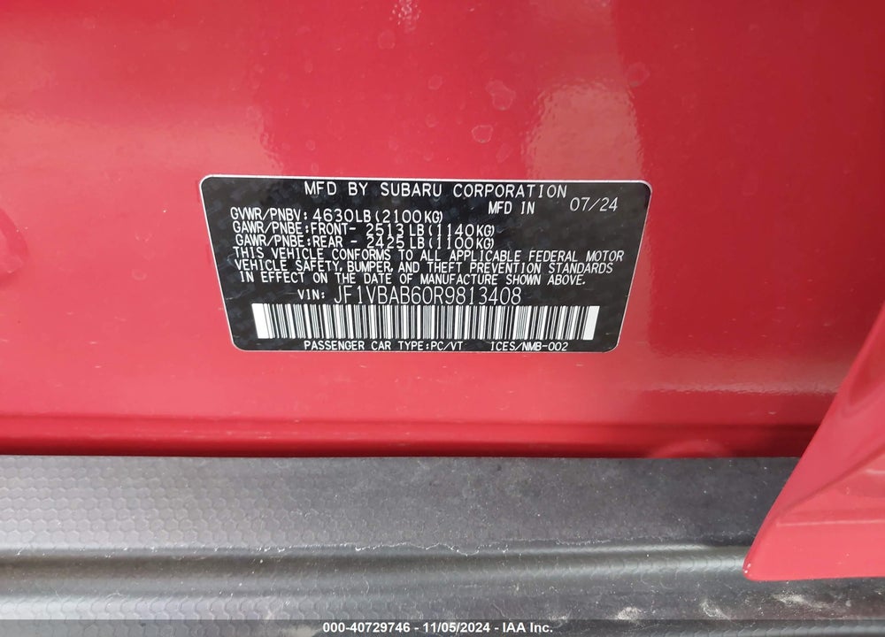 2024 SUBARU WRX VIN: JF1VBAB60R9813408