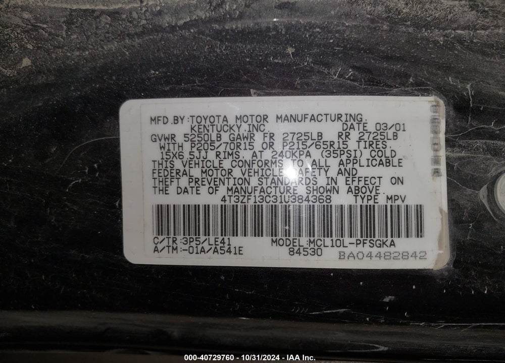 2001 TOYOTA SIENNA XLE VIN: 4T3ZF13C31U384368