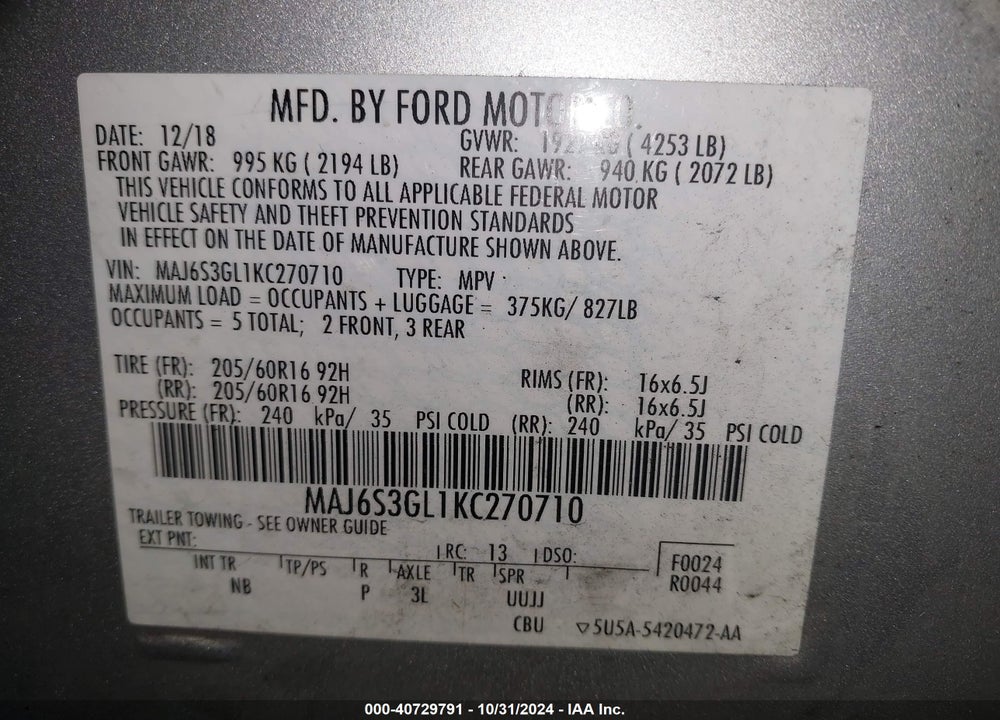 2019 FORD ECOSPORT SE VIN: MAJ6S3GL1KC270710