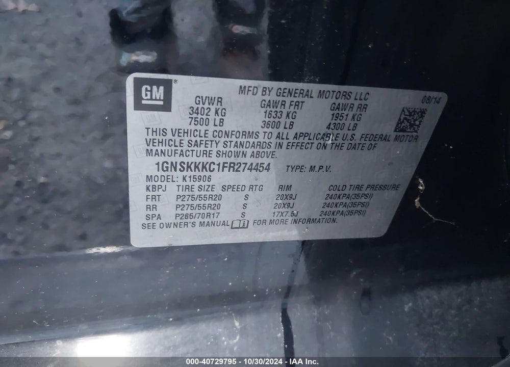 2015 CHEVROLET SUBURBAN 1500 LTZ VIN: 1GNSKKKC1FR274454