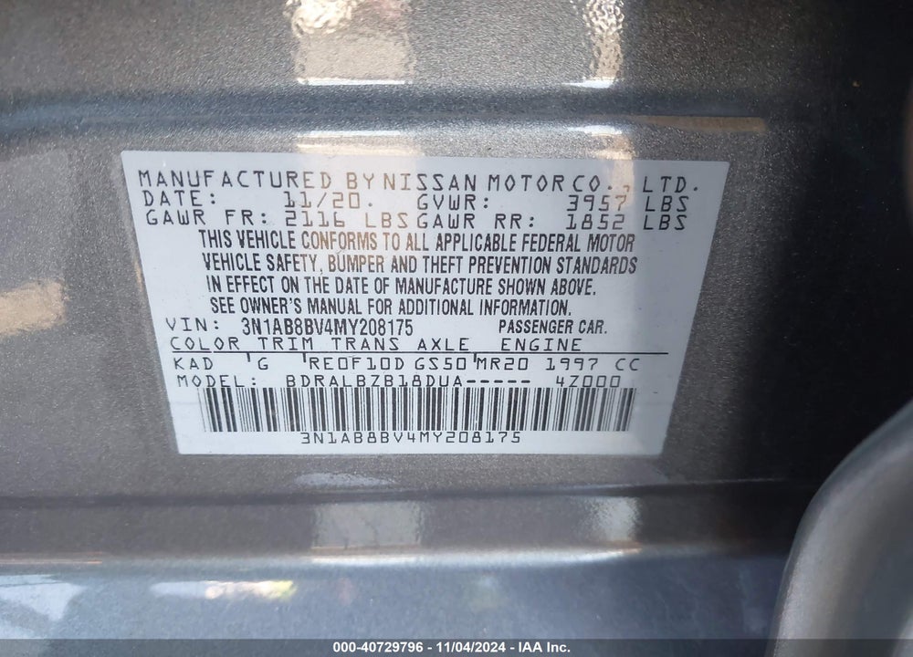 2021 NISSAN SENTRA VIN: 3N1AB8BV4MY208175