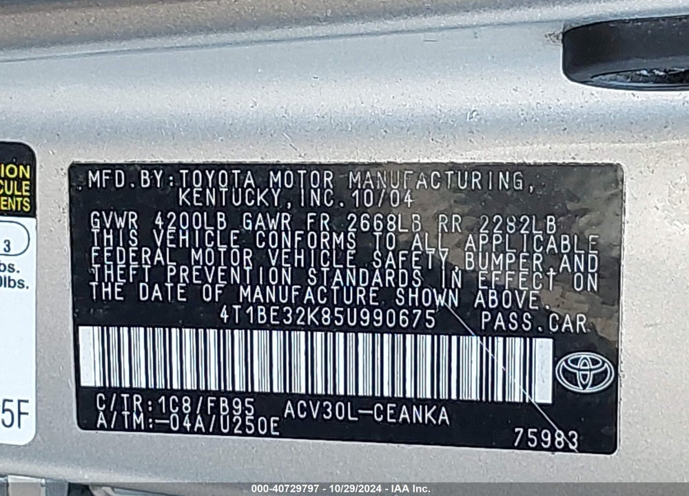 2005 TOYOTA CAMRY LE VIN: 4T1BE32K85U990675