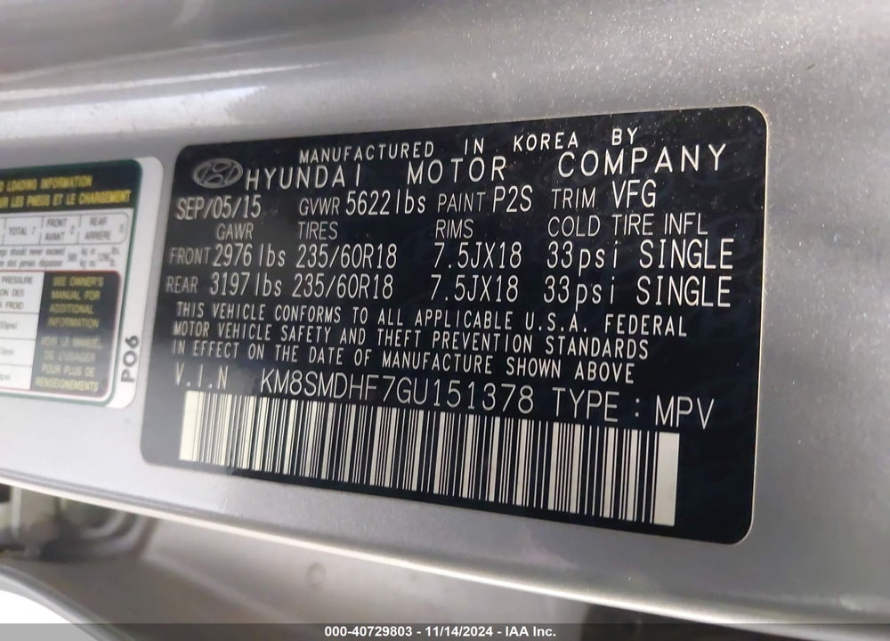 2016 HYUNDAI SANTA FE SE VIN: KM8SMDHF7GU151378