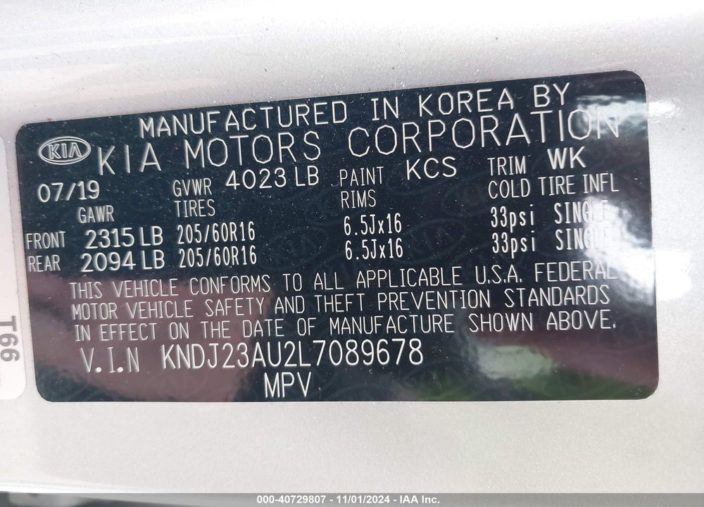 2020 KIA SOUL LX VIN: KNDJ23AU2L7089678