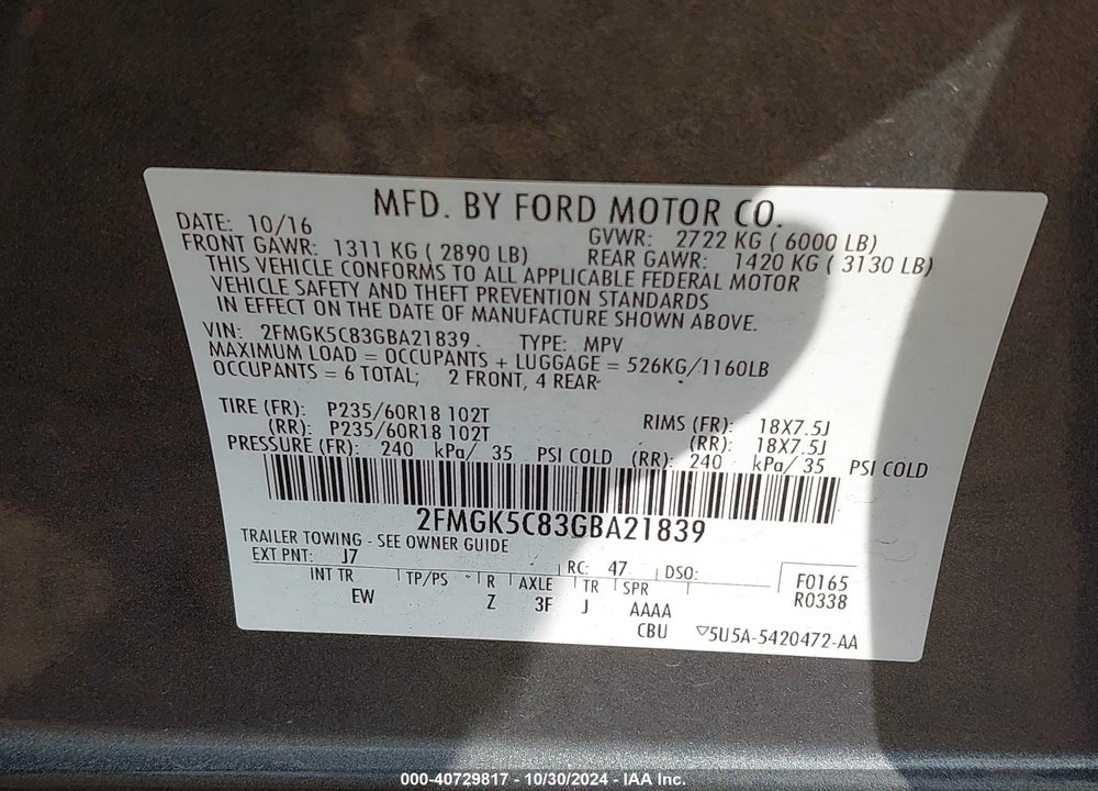2016 FORD FLEX SEL VIN: 2FMGK5C83GBA21839