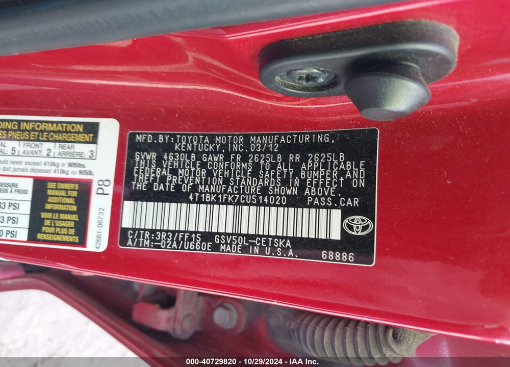 2012 TOYOTA CAMRY VIN: 4T1BK1FK7CU514020
