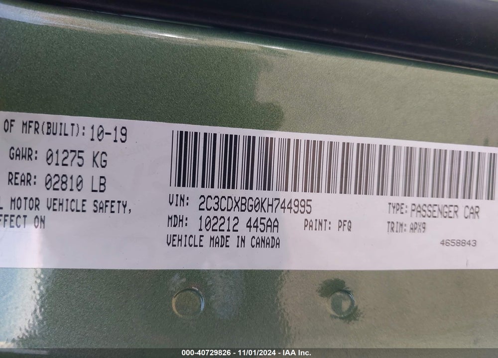 2019 DODGE CHARGER VIN: 2C3CDXBG0KH744995