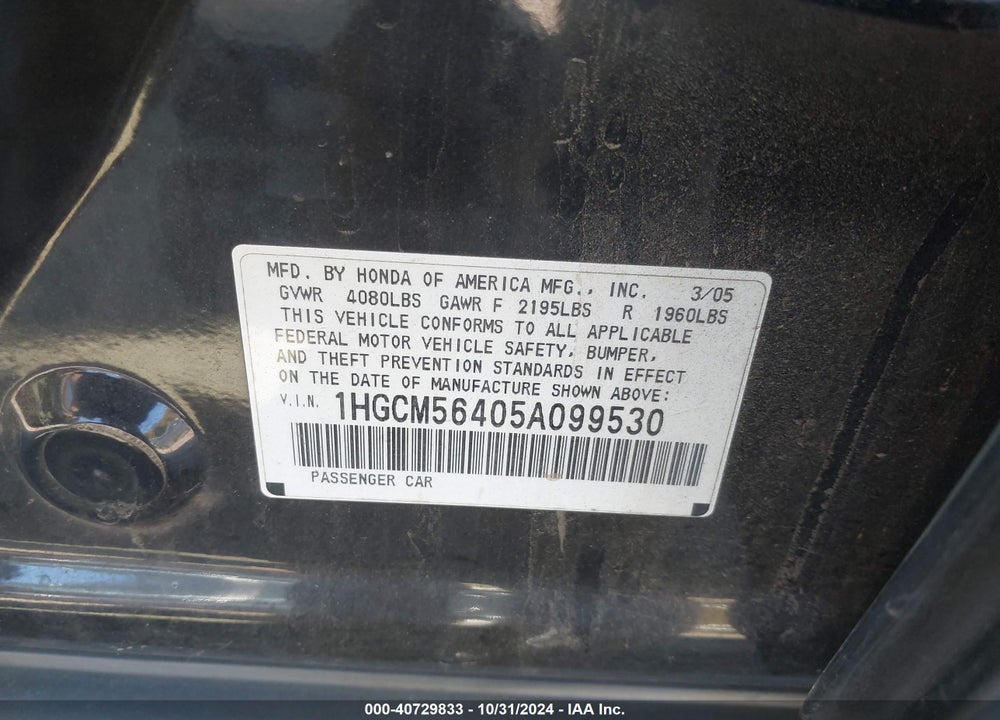 2005 HONDA ACCORD 2.4 LX VIN: 1HGCM56405A099530