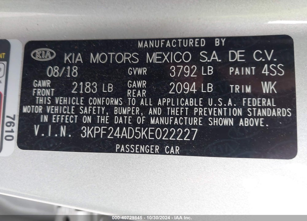2019 KIA FORTE LXS VIN: 3KPF24AD5KE022227