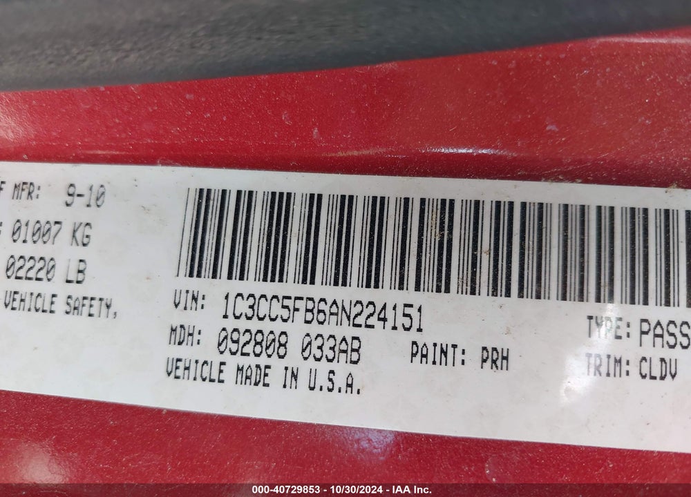 2010 CHRYSLER SEBRING VIN: 1C3CC5FB6AN224151