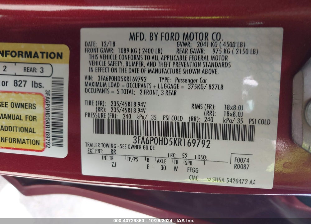 2019 FORD FUSION SE VIN: 3FA6P0HD5KR169792
