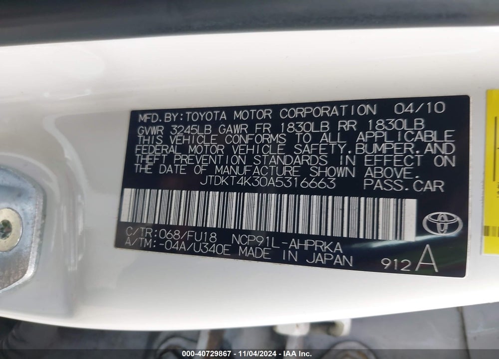2010 TOYOTA YARIS VIN: JTDKT4K30A5316663