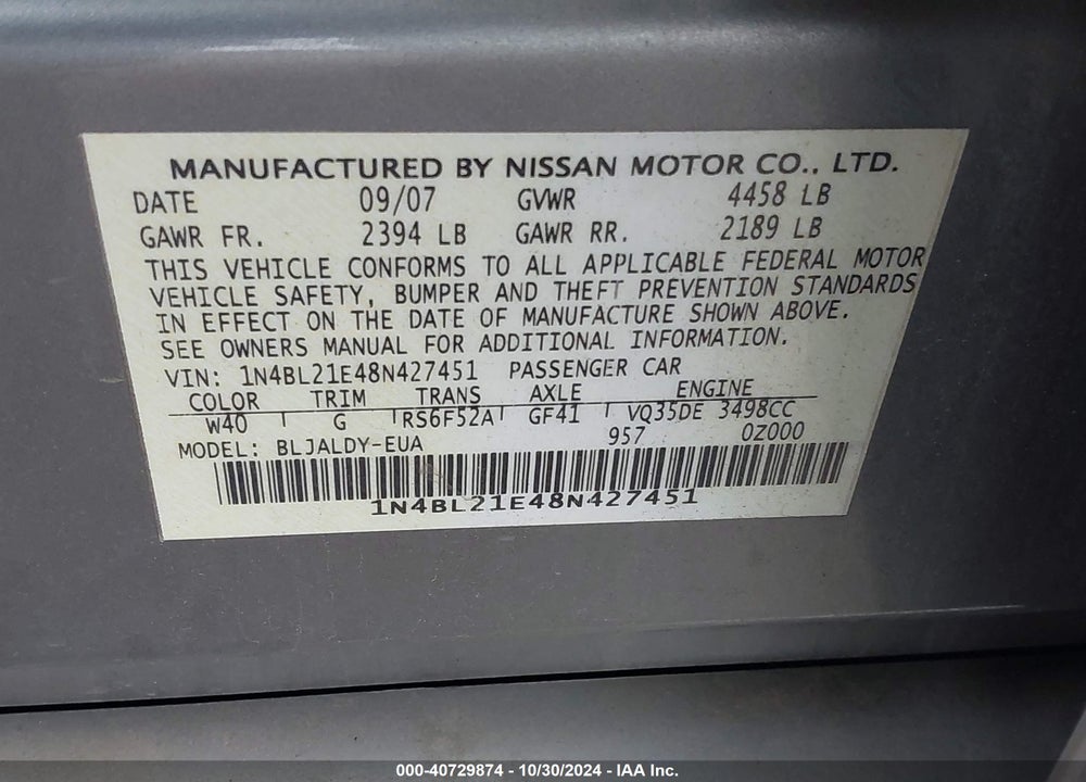 2008 NISSAN ALTIMA 3.5 SE VIN: 1N4BL21E48N427451