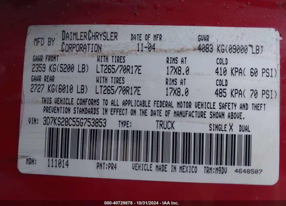 2005 DODGE RAM 2500 SLT/LARAMIE VIN: 3D7KS28C55G753853