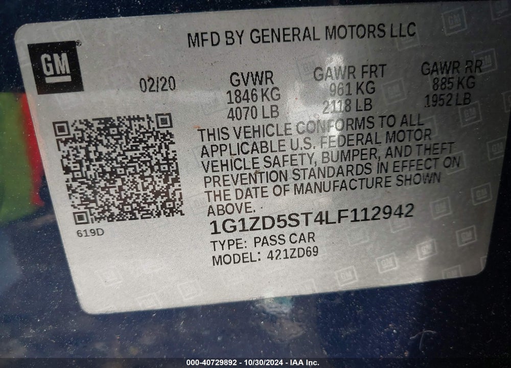 2020 CHEVROLET MALIBU FWD LT VIN: 1G1ZD5ST4LF112942