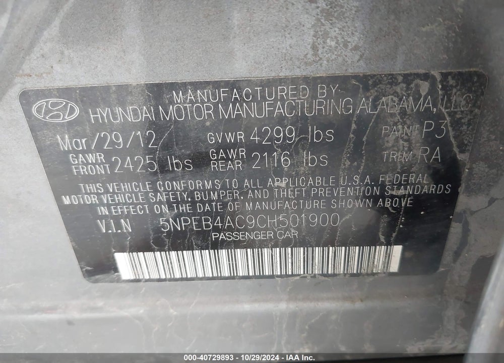 2012 HYUNDAI SONATA GLS VIN: 5NPEB4AC9CH501900