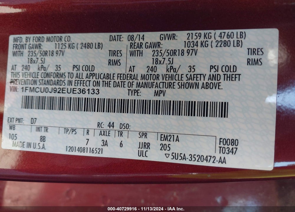 2014 FORD ESCAPE TITANIUM VIN: 1FMCU0J92EUE36133