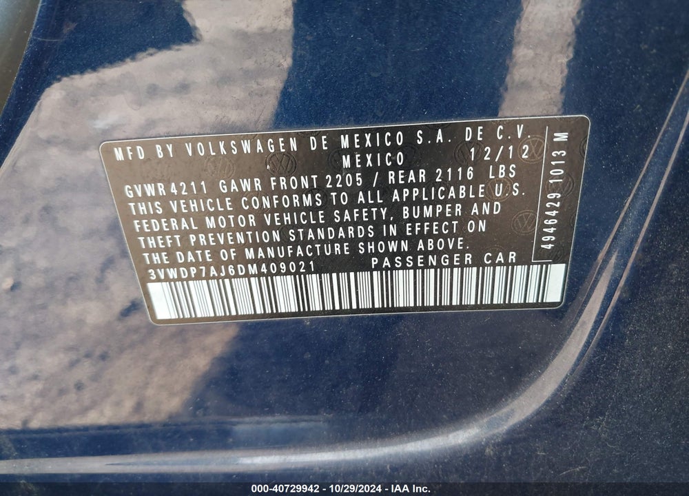 2013 VOLKSWAGEN JETTA SE VIN: 3VWDP7AJ6DM409021