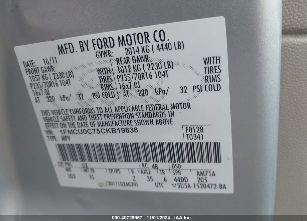 2012 FORD ESCAPE XLS VIN: 1FMCU0C75CKB19838