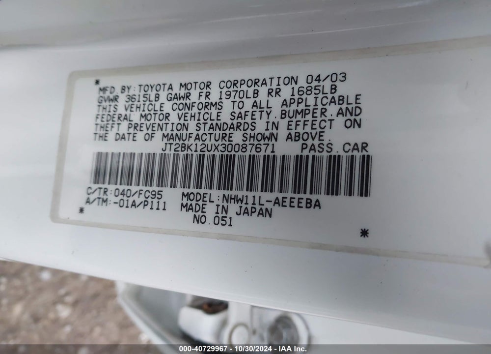 2003 TOYOTA PRIUS VIN: JT2BK12UX30087671