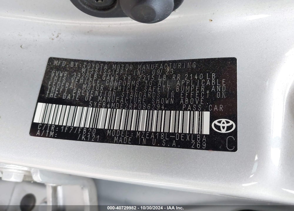 2024 TOYOTA COROLLA LE VIN: 5YFB4MDE2RP086294