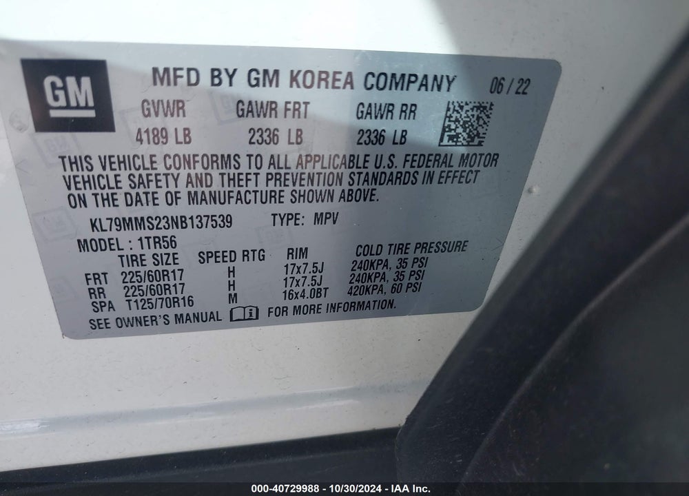 2022 CHEVROLET TRAILBLAZER FWD LS VIN: KL79MMS23NB137539