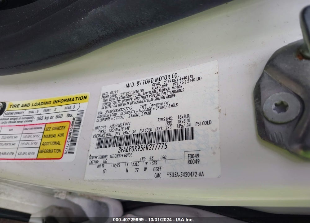 2015 FORD FUSION TITANIUM VIN: 3FA6P0K95FR277775