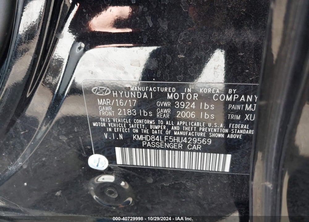 2017 HYUNDAI ELANTRA SE VIN: KMHD84LF5HU429569