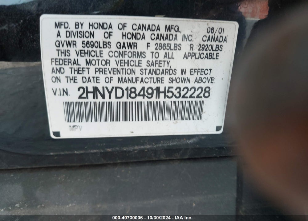 2001 ACURA MDX VIN: 2HNYD18491H532228