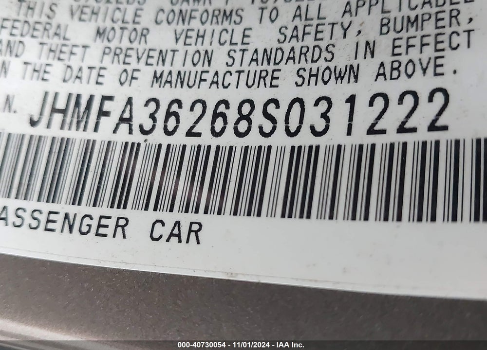 2008 HONDA CIVIC HYBRID VIN: JHMFA36268S031222