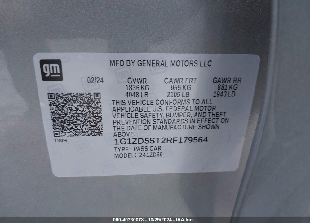 2024 CHEVROLET MALIBU FWD 1LT VIN: 1G1ZD5ST2RF179564