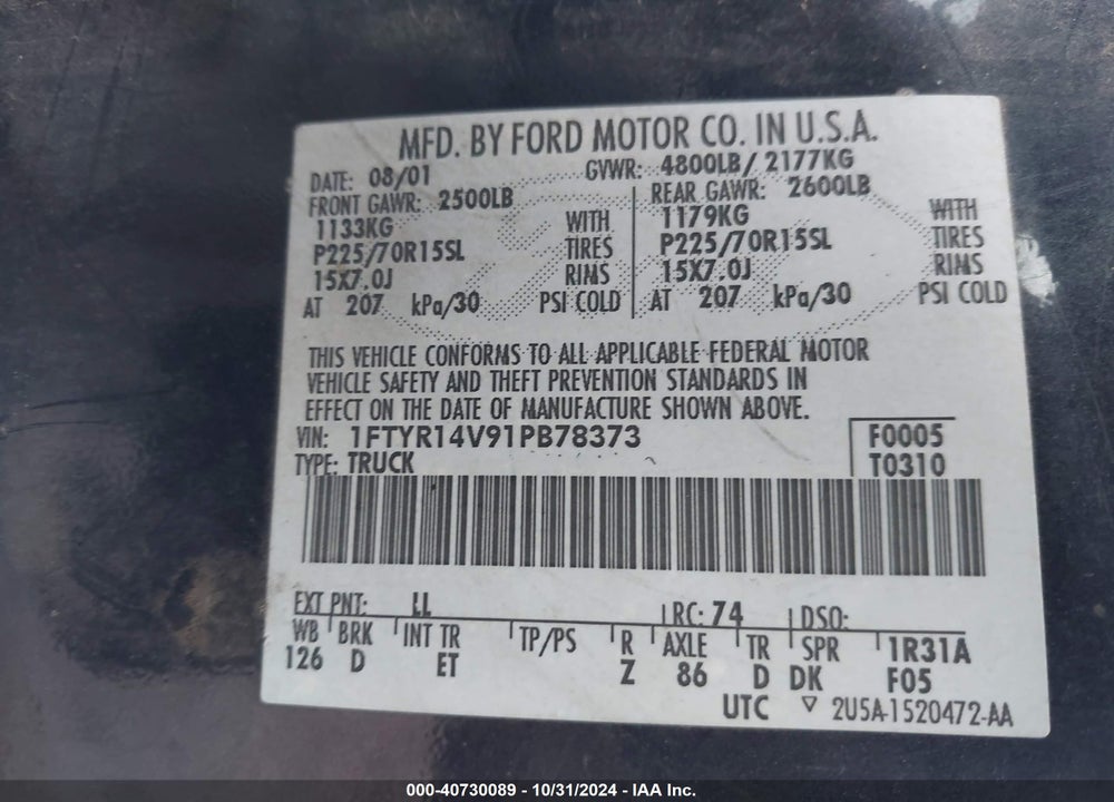 2001 FORD RANGER EDGE/XL/XLT VIN: 1FTYR14V91PB78373