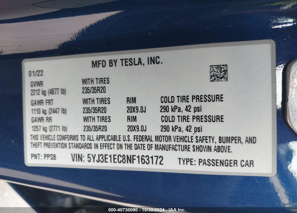 2022 TESLA MODEL 3 PERFORMANCE DUAL MOTOR ALL-WHEEL DRIVE VIN: 5YJ3E1EC8NF163172