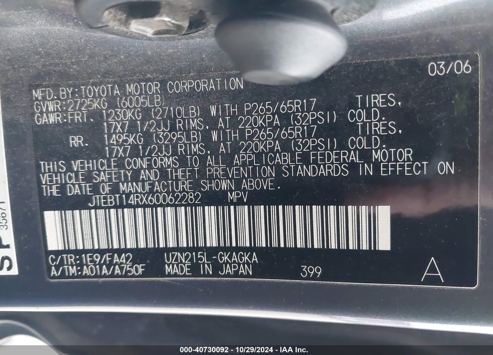 2006 TOYOTA 4RUNNER SR5 V8 VIN: JTEBT14RX60062282