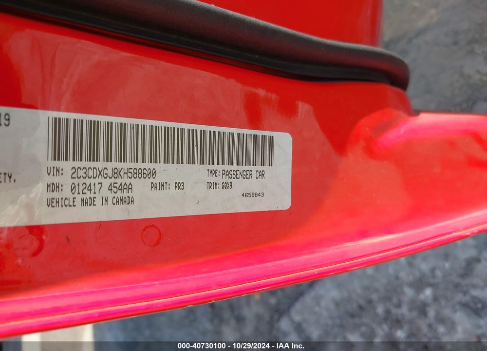 2019 DODGE CHARGER SCAT PACK RWD VIN: 2C3CDXGJ8KH588600