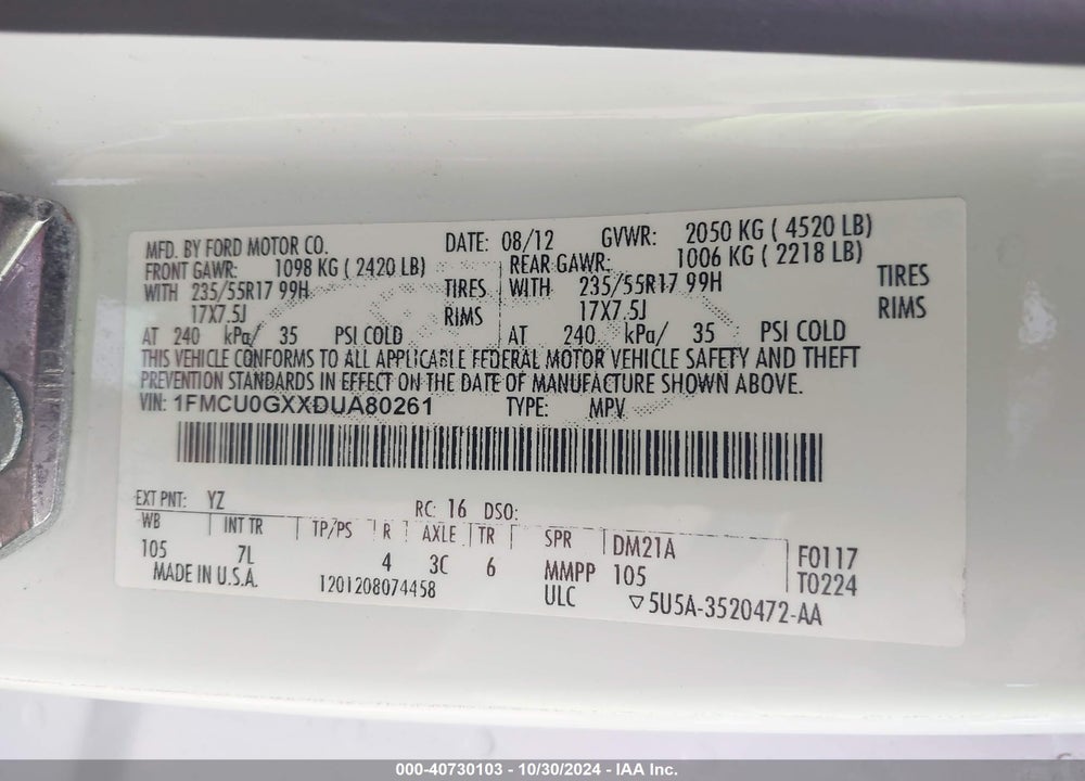 2013 FORD ESCAPE SE VIN: 1FMCU0GXXDUA80261