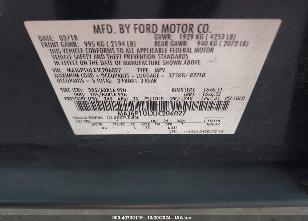 2018 FORD ECOSPORT SE VIN: MAJ6P1ULXJC206027