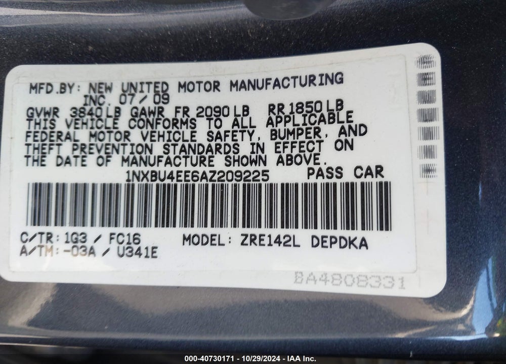 2010 TOYOTA COROLLA LE VIN: 1NXBU4EE6AZ209225