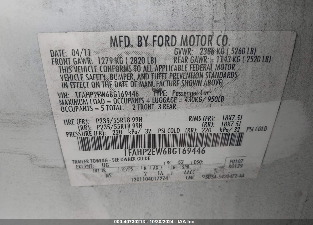 2011 FORD TAURUS SEL VIN: 1FAHP2EW6BG169446