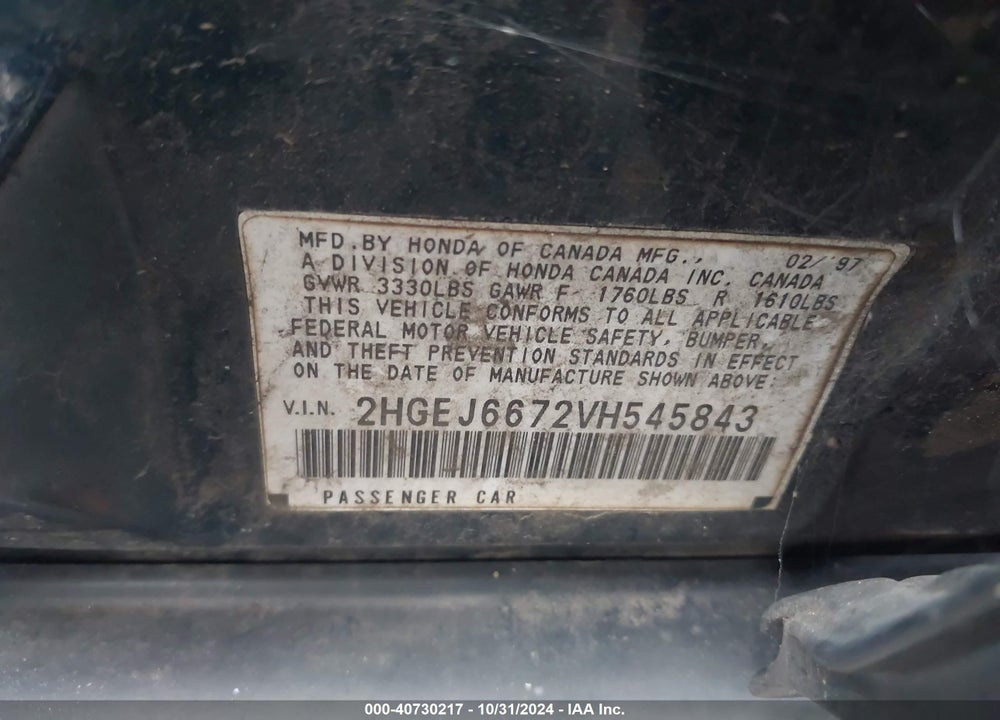 1997 HONDA CIVIC LX VIN: 2HGEJ6672VH545843
