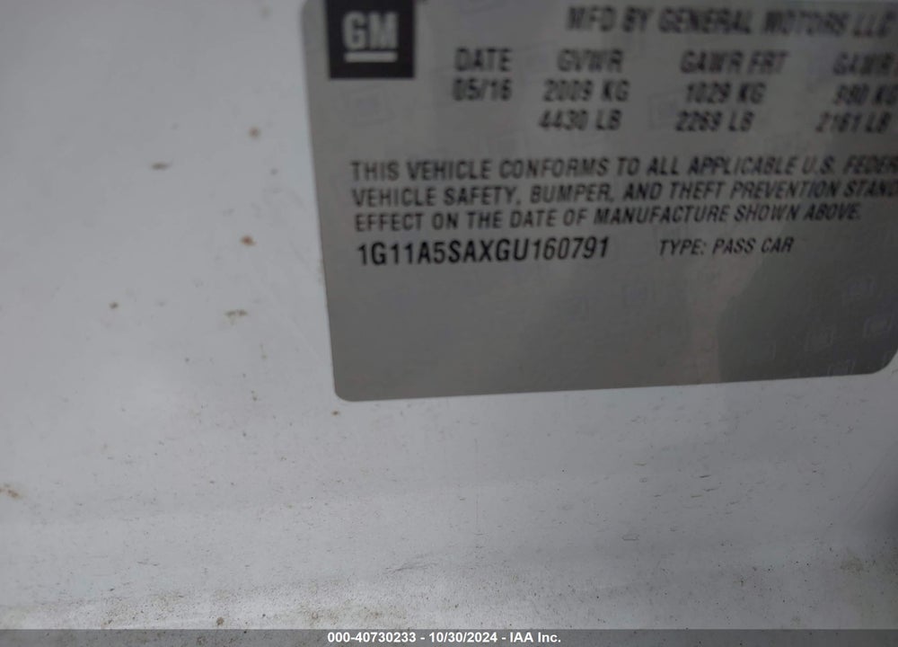 2016 CHEVROLET MALIBU LIMITED 1FL VIN: 1G11A5SAXGU160791