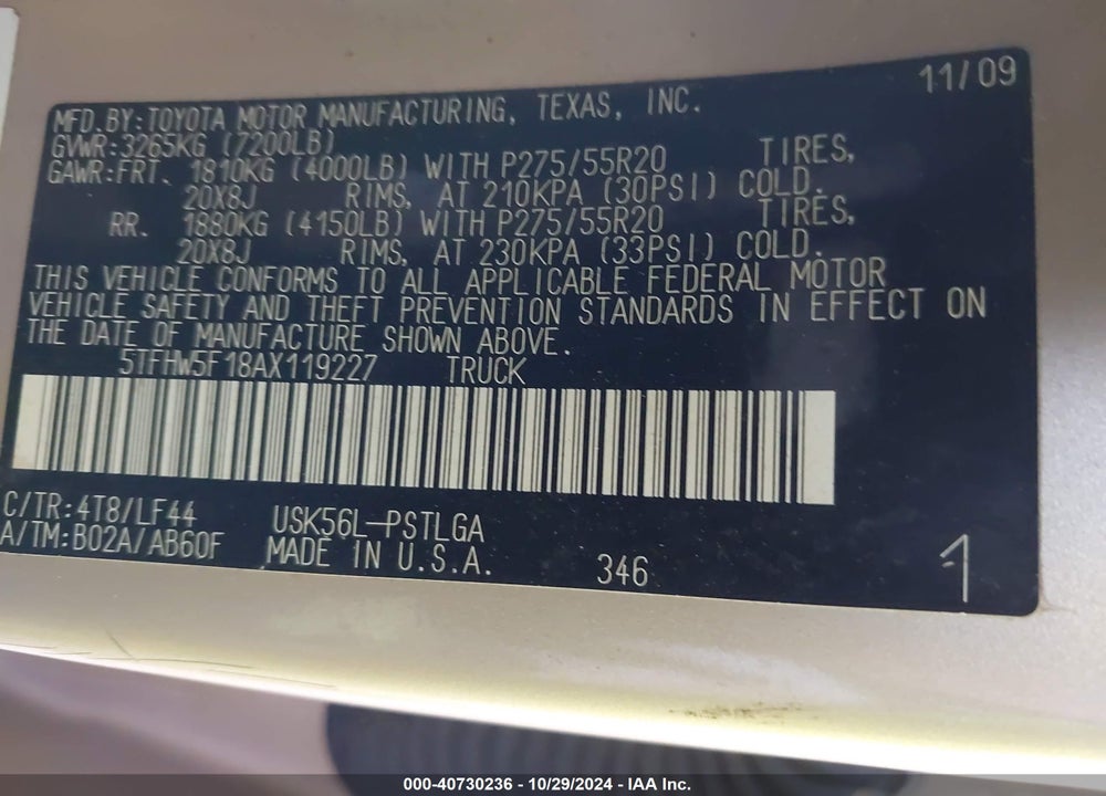 2010 TOYOTA TUNDRA LIMITED 5.7L V8 VIN: 5TFHW5F18AX119227
