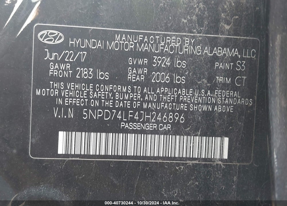 2018 HYUNDAI ELANTRA SE VIN: 5NPD74LF4JH246896