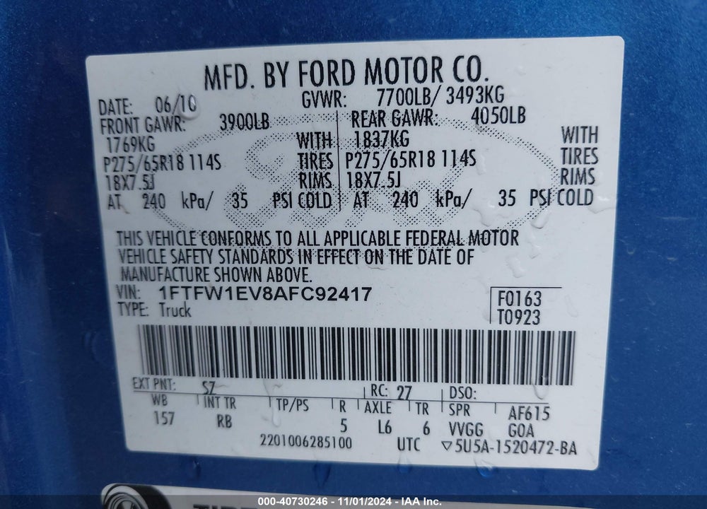 2010 FORD F-150 FX4/HARLEY-DAVIDSON/KING RANCH/LARIAT/PLATINUM/XL/XLT VIN: 1FTFW1EV8AFC92417
