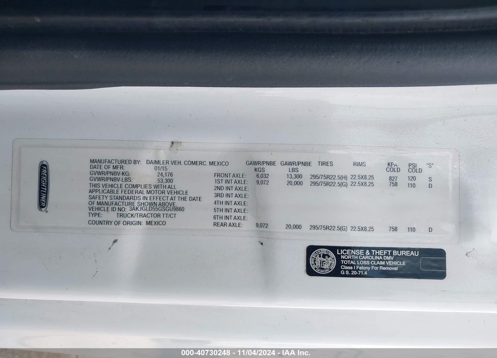 2016 FREIGHTLINER CASCADIA 125 VIN: 3AKJGLD55GSGU9860