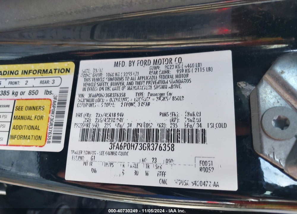 2016 FORD FUSION SE VIN: 3FA6P0H73GR376358