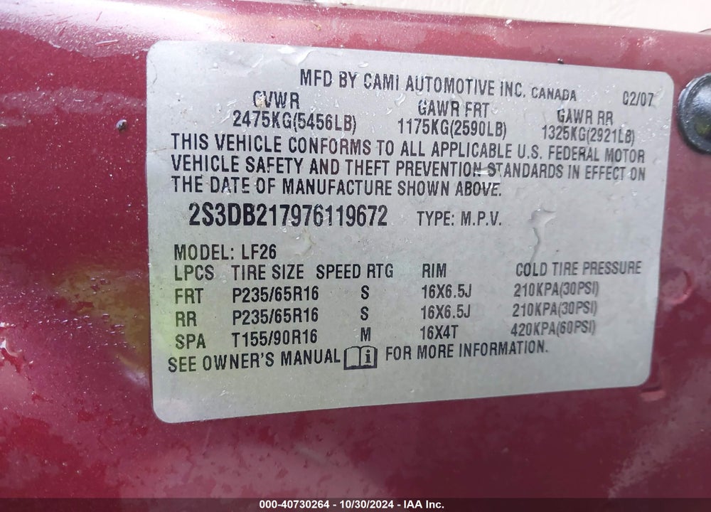2007 SUZUKI XL7 VIN: 2S3DB217976119672